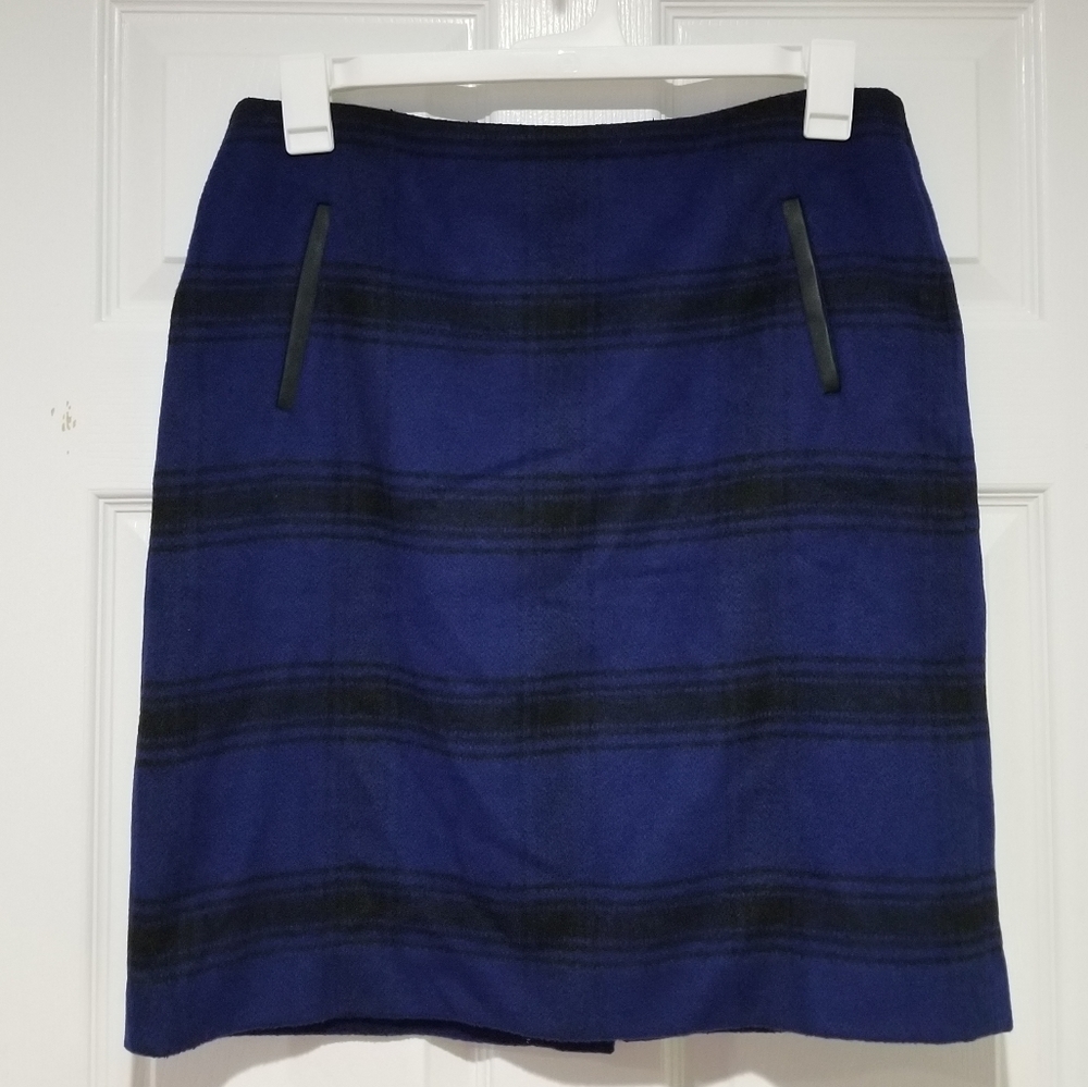 Talbots Navy Blue & Black Faux Leather Trim Windowpane Plaid Wool Blend Skirt